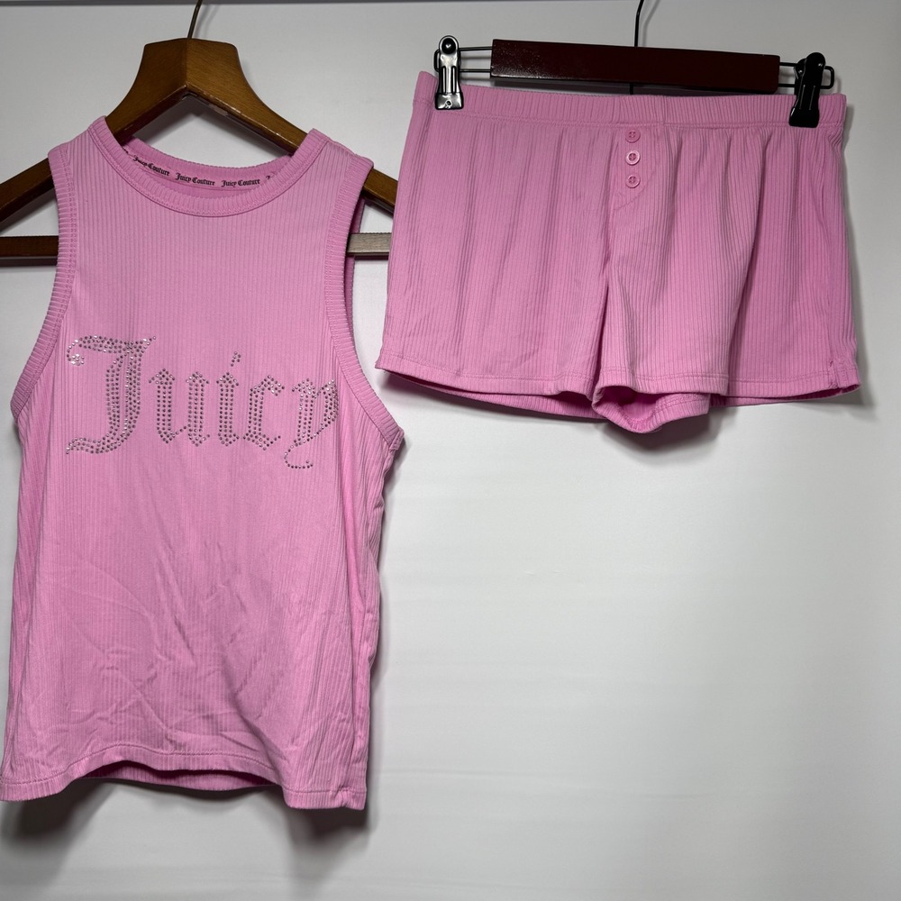 Juicy Couture Pajama Set Rhinestone Logo‎ Size M Pink Ribbed 2 Piece Tank Shorts